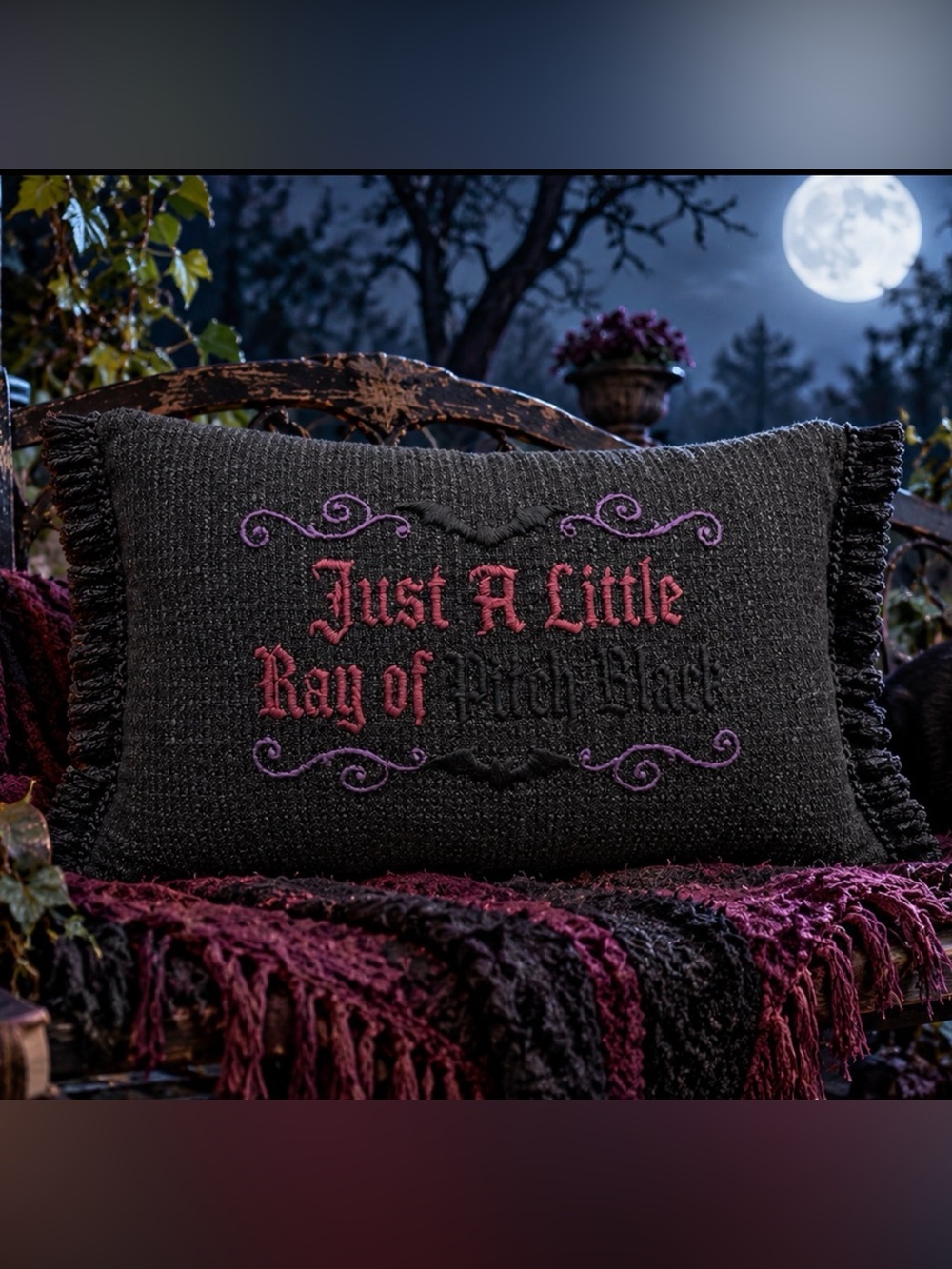 Hand Embroidered “Just A Little Ray Of Pitch Black”Accent Pillow